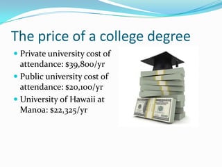 The price of a college degree
 Private university cost of
  attendance: $39,800/yr
 Public university cost of
  attendance: $20,100/yr
 University of Hawaii at
  Manoa: $22,325/yr
 