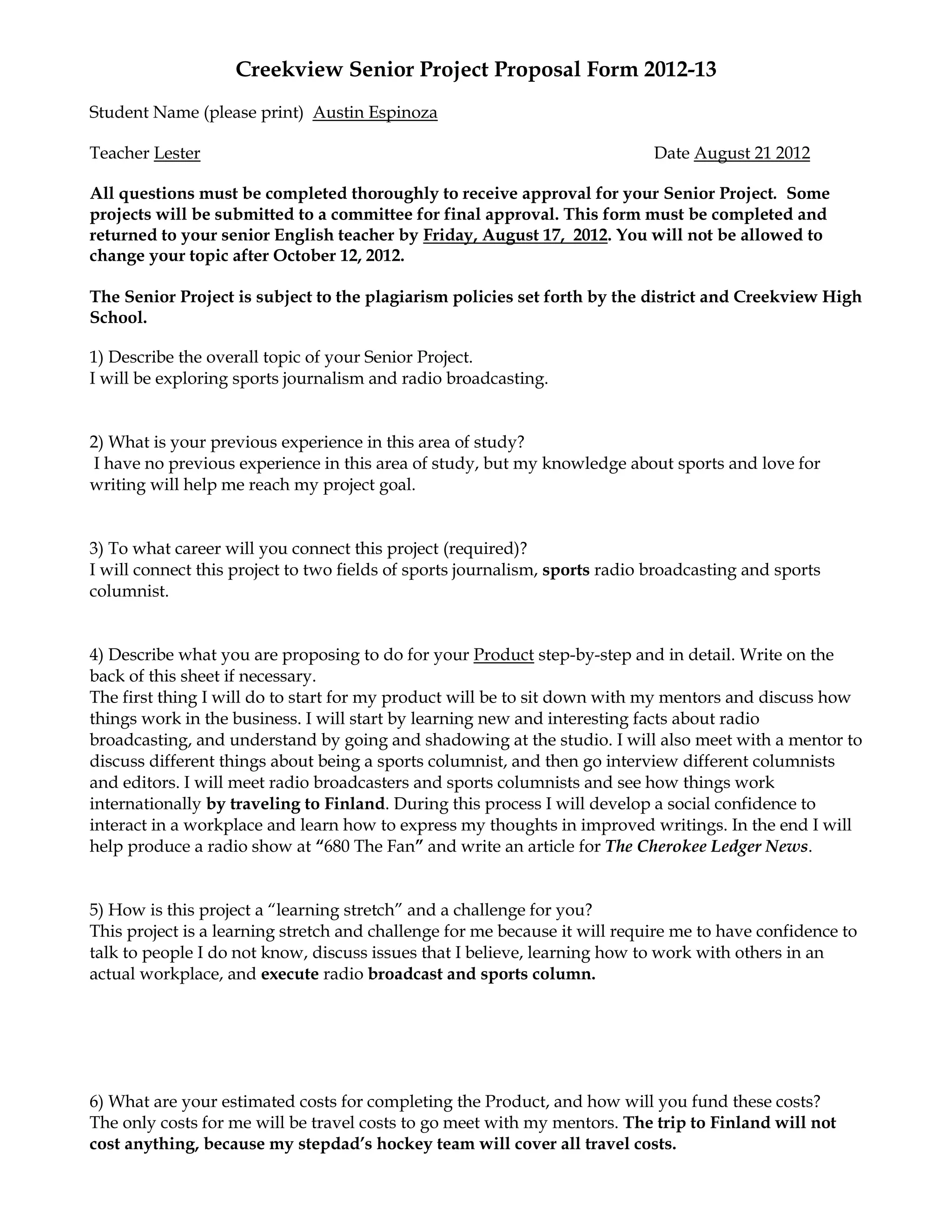 Senior Project Proposal Form | PDF