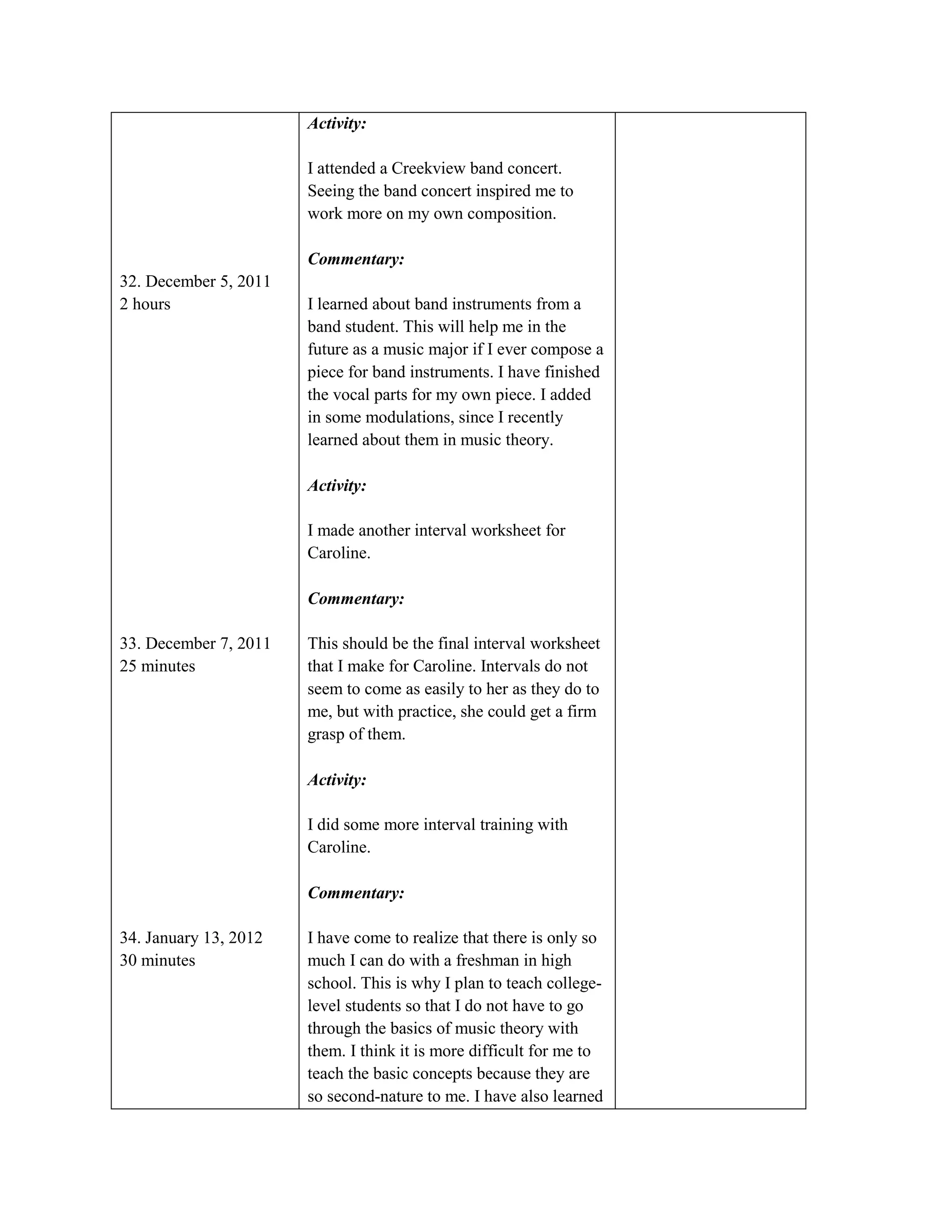 Activity:

                       I attended a Creekview band concert.
                       Seeing the band concert inspired me to
                       work more on my own composition.

                       Commentary:
32. December 5, 2011
2 hours                I learned about band instruments from a
                       band student. This will help me in the
                       future as a music major if I ever compose a
                       piece for band instruments. I have finished
                       the vocal parts for my own piece. I added
                       in some modulations, since I recently
                       learned about them in music theory.

                       Activity:

                       I made another interval worksheet for
                       Caroline.

                       Commentary:

33. December 7, 2011   This should be the final interval worksheet
25 minutes             that I make for Caroline. Intervals do not
                       seem to come as easily to her as they do to
                       me, but with practice, she could get a firm
                       grasp of them.

                       Activity:

                       I did some more interval training with
                       Caroline.

                       Commentary:

34. January 13, 2012   I have come to realize that there is only so
30 minutes             much I can do with a freshman in high
                       school. This is why I plan to teach college-
                       level students so that I do not have to go
                       through the basics of music theory with
                       them. I think it is more difficult for me to
                       teach the basic concepts because they are
                       so second-nature to me. I have also learned
 
