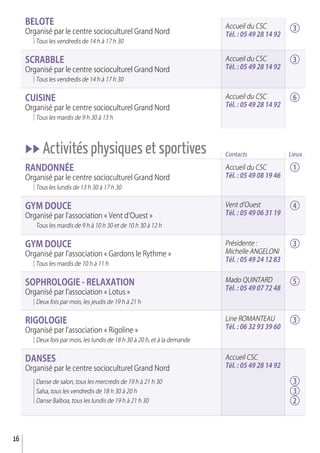 16
BELOTE
Organisé par le centre socioculturel Grand Nord
Tous les vendredis de 14 h à 17 h 30
SCraBBLE
Organisé par le centre socioculturel Grand Nord
Tous les vendredis de 14 h à 17 h 30
CuISINE
Organisé par le centre socioculturel Grand Nord
Tous les mardis de 9 h 30 à 13 h
uu Activités physiques et sportives
raNdONNéE
Organisé par le centre socioculturel Grand Nord
Tous les lundis de 13 h 30 à 17 h 30
GyM dOuCE
Organisé par l’association « Vent d’Ouest »
Tous les mardis de 9 h à 10 h 30 et de 10 h 30 à 12 h
GyM dOuCE
Organisé par l’association « Gardons le Rythme »
Tous les mardis de 10 h à 11 h
SOPHrOLOGIE - rELaxaTION
Organisé par l’association « Lotus »
Deux fois par mois, les jeudis de 19 h à 21 h
rIGOLOGIE
Organisé par l’association « Rigoline »
Deux fois par mois, les lundis de 18 h 30 à 20 h, et à la demande
daNSES
Organisé par le centre socioculturel Grand Nord
Danse de salon, tous les mercredis de 19 h à 21 h 30
Salsa, tous les vendredis de 18 h 30 à 20 h
Danse Balboa, tous les lundis de 19 h à 21 h 30
Accueil du CSC
Tél. : 05 49 28 14 92
Accueil du CSC
Tél. : 05 49 28 14 92
Accueil du CSC
Tél. : 05 49 28 14 92
Accueil du CSC
Tél. : 05 49 08 19 46
Contacts
Vent d’Ouest
Tél. : 05 49 06 31 19
Mado QUINTARD
Tél. : 05 49 07 72 48
Line ROMANTEAU
Tél. : 06 32 93 39 60
Accueil CSC
Tél. : 05 49 28 14 92
Présidente :
Michelle ANGELONI
Tél. : 05 49 24 12 83
3
3
6
1
4
3
5
3
3
3
2
Lieux
 