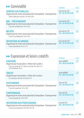 uu Convivialité
SOrTIES CuLTurELLES
Organisé par le centre socioculturel de Champclairot - Champommier
Deux lundis par mois de 13 h 30 à 18 h
BaL - THé daNSaNT
Organisé par le centre socioculturel de Champclairot - Champommier
Tous les vendredis de 14 h à 18 h
BELOTE
Organisé par le centre socioculturel de Champclairot - Champommier
Tous les vendredis de 14 h à 18 h
INITIaTION au BrIdGE
Organisé par le centre socioculturel de Champclairot - Champommier
Tous les jeudis de 14 h à 17 h
uu Expression et loisirs créatifs
COuTurE
Organisé par l’association « Plaisir de Coudre »
Tous les lundis de 13 h 30 à 16 h et de 18 h 30 à 21 h
Un samedi par mois
TrICOT
Organisé par l’association « Plaisir de Coudre »
Un lundi par mois de 18 h 30 à 21 h
PaTCHWOrk
Organisé par le centre socioculturel de Champclairot - Champommier
Tous les mardis de 14 h à 18 h
CarTONNaGE
Organisé par le centre socioculturel de Champclairot - Champommier
Tous les jeudis de 14 h à 18 h
INITIaTION aux PErCuSSIONS
Organisé par le centre socioculturel de Champclairot - Champommier
Tous les mercredis de 18 h 30 à 19 h 30
23>SENIORs à NIORT <- Mars 2014
Accueil du CSC
Tél. : 05 49 28 35 46
Accueil du CSC
Tél. : 05 49 28 35 46
Accueil du CSC
Tél. : 05 49 28 35 46
Accueil du CSC
Tél. : 05 49 28 35 46
Anaïs Berric
Tél. : 06 81 82 68 98
Anaïs Berric
Tél. : 06 81 82 68 98
Accueil CSC
Tél. : 05 49 28 35 46
Accueil CSC
Tél. : 05 49 28 35 46
Accueil CSC
Tél. : 05 49 28 35 46
Contacts
Contacts
1
1
1
1
1
1
1
1
1
Lieux
Lieux
 