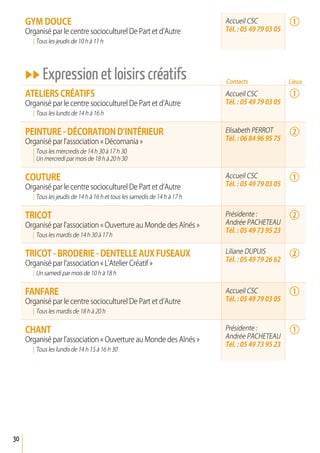 30
GyM dOuCE
Organisé par le centre socioculturel De Part et d’Autre
Tous les jeudis de 10 h à 11 h
uu Expression et loisirs créatifs
aTELIErS CréaTIFS
Organisé par le centre socioculturel De Part et d’Autre
Tous les lundis de 14 h à 16 h
PEINTurE - déCOraTION d’INTérIEur
Organisé par l’association « Décomania »
Tous les mercredis de 14 h 30 à 17 h 30
Un mercredi par mois de 18 h à 20 h 30
COuTurE
Organisé par le centre socioculturel De Part et d’Autre
Tous les jeudis de 14 h à 16 h et tous les samedis de 14 h à 17 h
TrICOT
Organisé par l’association « Ouverture au Monde des Aînés »
Tous les mardis de 14 h 30 à 17 h
TrICOT - BrOdErIE - dENTELLE aux FuSEaux
Organisé par l’association « L’Atelier Créatif »
Un samedi par mois de 10 h à 18 h
FaNFarE
Organisé par le centre socioculturel De Part et d’Autre
Tous les mardis de 18 h à 20 h
CHaNT
Organisé par l’association « Ouverture au Monde des Aînés »
Tous les lundis de 14 h 15 à 16 h 30
Accueil CSC
Tél. : 05 49 79 03 05
Accueil CSC
Tél. : 05 49 79 03 05
Elisabeth PERROT
Tél. : 06 84 96 95 75
Accueil CSC
Tél. : 05 49 79 03 05
Présidente :
Andrée PACHETEAU
Tél. : 05 49 73 95 23
Liliane DUPUIS
Tél. : 05 49 79 26 62
Accueil CSC
Tél. : 05 49 79 03 05
Présidente :
Andrée PACHETEAU
Tél. : 05 49 73 95 23
Contacts
1
1
2
1
2
2
1
1
Lieux
 
