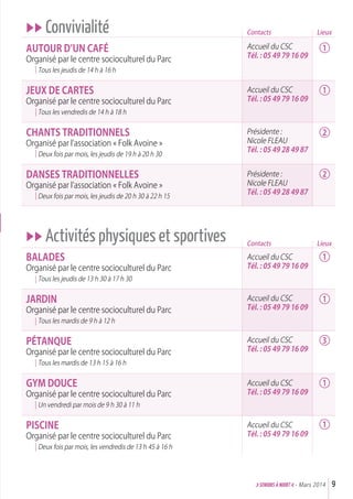 uu Convivialité
Autour d’un café
Organisé par le centre socioculturel du Parc
Tous les jeudis de 14 h à 16 h
Jeux de cartes
Organisé par le centre socioculturel du Parc
Tous les vendredis de 14 h à 18 h
Chants traditionnels
Organisé par l’association « Folk Avoine »
Deux fois par mois, les jeudis de 19 h à 20 h 30
Danses traditionnelles
Organisé par l’association « Folk Avoine »
Deux fois par mois, les jeudis de 20 h 30 à 22 h 15
uu Activités physiques et sportives
Balades
Organisé par le centre socioculturel du Parc
Tous les jeudis de 13 h 30 à 17 h 30
Jardin
Organisé par le centre socioculturel du Parc
Tous les mardis de 9 h à 12 h
Pétanque
Organisé par le centre socioculturel du Parc
Tous les mardis de 13 h 15 à 16 h
Gym douce
Organisé par le centre socioculturel du Parc
Un vendredi par mois de 9 h 30 à 11 h
Piscine
Organisé par le centre socioculturel du Parc
Deux fois par mois, les vendredis de 13 h 45 à 16 h
9>SENIORs à NIORT <- Mars 2014
Accueil du CSC
Tél. : 05 49 79 16 09
Contacts
Accueil du CSC
Tél. : 05 49 79 16 09
Accueil du CSC
Tél. : 05 49 79 16 09
Accueil du CSC
Tél. : 05 49 79 16 09
Accueil du CSC
Tél. : 05 49 79 16 09
Accueil du CSC
Tél. : 05 49 79 16 09
Accueil du CSC
Tél. : 05 49 79 16 09
Présidente :
Nicole FLEAU
Tél. : 05 49 28 49 87
Présidente :
Nicole FLEAU
Tél. : 05 49 28 49 87
Contacts
1
1
2
2
1
1
3
1
1
Lieux
Lieux
 