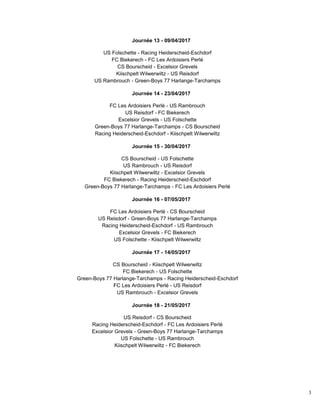 3
Journée 13 - 09/04/2017
US Folschette - Racing Heiderscheid-Eschdorf
FC Biekerech - FC Les Ardoisiers Perlé
CS Bourscheid - Excelsior Grevels
Kiischpelt Wilwerwiltz - US Reisdorf
US Rambrouch - Green-Boys 77 Harlange-Tarchamps
Journée 14 - 23/04/2017
FC Les Ardoisiers Perlé - US Rambrouch
US Reisdorf - FC Biekerech
Excelsior Grevels - US Folschette
Green-Boys 77 Harlange-Tarchamps - CS Bourscheid
Racing Heiderscheid-Eschdorf - Kiischpelt Wilwerwiltz
Journée 15 - 30/04/2017
CS Bourscheid - US Folschette
US Rambrouch - US Reisdorf
Kiischpelt Wilwerwiltz - Excelsior Grevels
FC Biekerech - Racing Heiderscheid-Eschdorf
Green-Boys 77 Harlange-Tarchamps - FC Les Ardoisiers Perlé
Journée 16 - 07/05/2017
FC Les Ardoisiers Perlé - CS Bourscheid
US Reisdorf - Green-Boys 77 Harlange-Tarchamps
Racing Heiderscheid-Eschdorf - US Rambrouch
Excelsior Grevels - FC Biekerech
US Folschette - Kiischpelt Wilwerwiltz
Journée 17 - 14/05/2017
CS Bourscheid - Kiischpelt Wilwerwiltz
FC Biekerech - US Folschette
Green-Boys 77 Harlange-Tarchamps - Racing Heiderscheid-Eschdorf
FC Les Ardoisiers Perlé - US Reisdorf
US Rambrouch - Excelsior Grevels
Journée 18 - 21/05/2017
US Reisdorf - CS Bourscheid
Racing Heiderscheid-Eschdorf - FC Les Ardoisiers Perlé
Excelsior Grevels - Green-Boys 77 Harlange-Tarchamps
US Folschette - US Rambrouch
Kiischpelt Wilwerwiltz - FC Biekerech
 