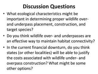 Discussion Questions
• What ecological characteristics might be
  important in determining proper wildlife over-
  and underpass placement, construction, and
  target species?
• Do you think wildlife over- and underpasses are
  an effective way to maintain habitat connectivity?
• In the current financial downturn, do you think
  states (or other localities) will be able to justify
  the costs associated with wildlife under- and
  overpass construction? What might be some
  other options?
 