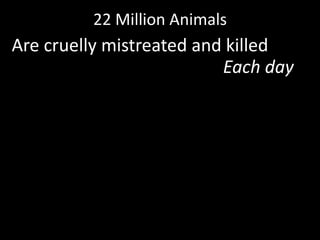 Are cruelly mistreated and killedEach dayTo satisfy our American appetite for meat 22 Million Animals