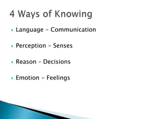 Language - CommunicationPerception - SensesReason – Decisions Emotion - Feelings4 Ways of Knowing