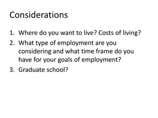 Considerations
1. Where do you want to live? Costs of living?
2. What type of employment are you
   considering and what time frame do you
   have for your goals of employment?
3. Graduate school?
 