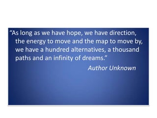 “As long as we have hope, we have direction,
  the energy to move and the map to move by,
  we have a hundred alternatives, a thousand
  paths and an infinity of dreams.”
                             Author Unknown
 
