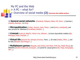 My PC and the Web >  A PC – what for? > Overview of social media  (2)  Panorama des médias sociaux  http://www.aiace-luxembourg.eu General social networks :  ( Facebook ,  MySpace ,  Bebo ,  Hi5 ,  Orkut …), business ( LinkedIn ,  Boompa …) or  Ning   Micropublication  ( Twitter ,  Pownce ,  Jaiku ,  Plazes …) and ( twitxr ,  tweetpeek ), and also services for  lifestream  ( FriendFeed ,  Socializr …)  Livecast  ( Justin.tv ,  BlogTV ,  Yahoo! Live ,  UStream …) et leurs équivalents mobiles ( Qik ,  Flixwagon ,  Kyte ,  LiveCastr …)  Virtual life  ( Second Life ,  Entropia Universe , There…), 3D chats ( Habbo ,  IMVU …), and for kids ( Stardoll ,  Club Penguin …) Multiplayers games  ( Neopets ,  Gaia Online ,  Kart Rider ,  Drift City ,  Maple Story ), les MMORPG ( World of Warcraft ,  Everquest …) or portal for  casual game  ( Cafe ,  Pogo ,  Kongregate ,  iWin …). 