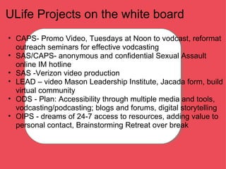 ULife Projects on the white board CAPS- Promo Video, Tuesdays at Noon to vodcast, reformat outreach seminars for effective vodcasting  SAS/CAPS- anonymous and confidential Sexual Assault online IM hotline SAS -Verizon video production LEAD – video Mason Leadership Institute, Jacada form, build virtual community ODS - Plan: Accessibility through multiple media and tools, vodcasting/podcasting; blogs and forums, digital storytelling OIPS - dreams of 24-7 access to resources, adding value to personal contact, Brainstorming Retreat over break  