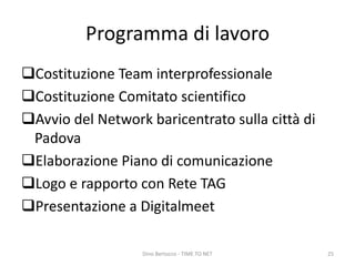 Programma di lavoro
Costituzione Team interprofessionale
Costituzione Comitato scientifico
Avvio del Network baricentrato sulla città di
Padova
Elaborazione Piano di comunicazione
Logo e rapporto con Rete TAG
Presentazione a Digitalmeet
Dino Bertocco - TIME TO NET 25
 