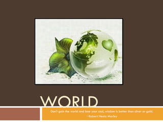 WORLD Don't gain the world and lose your soul, wisdom is better than silver or gold. ~Robert Nesta Marley 