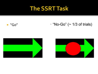 The SSRT Task“Go”  “No-Go” (~ 1/3 of trials)The SSRT taskTwo 50 trial practice blocks4 blocks of 100 trials eachBest estimate of SSRT when 50% inhibitory failuresSSD tracking procedure