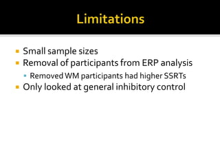 Future ResearchSpecific inhibitory deficit to food stimuliIs it a cue-related deficit?Include :Food cuesPositive attention-grabbing cuesNeutral cues