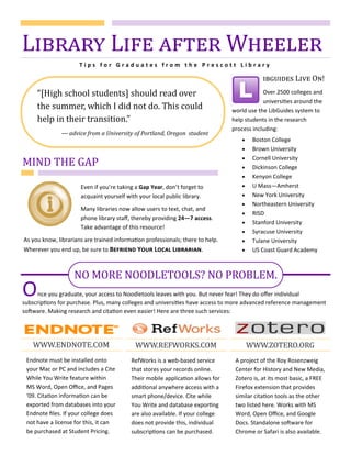 Endnote must be installed onto 
your Mac or PC and includes a Cite 
While You Write feature within 
MS Word, Open Oﬃce, and Pages 
‘09. Cita on informa on can be 
exported from databases into your 
Endnote ﬁles. If your college does 
not have a license for this, it can 
be purchased at Student Pricing.   
WWW.ENDNOTE.COM	
RefWorks is a web‐based service 
that stores your records online. 
Their mobile applica on allows for 
addi onal anywhere access with a 
smart phone/device. Cite while 
You Write and database expor ng 
are also available. If your college 
does not provide this, individual 
subscrip ons can be purchased.  
WWW.REFWORKS.COM	
A project of the Roy Rosenzweig 
Center for History and New Media, 
Zotero is, at its most basic, a FREE 
Firefox extension that provides 
similar cita on tools as the other 
two listed here. Works with MS 
Word, Open Oﬃce, and Google 
Docs. Standalone so ware for 
Chrome or Safari is also available.  
WWW.ZOTERO.ORG	
O nce you graduate, your access to Noodletools leaves with you. But never fear! They do oﬀer individual 
subscrip ons for purchase. Plus, many colleges and universi es have access to more advanced reference management 
so ware. Making research and cita on even easier! Here are three such services: 
NO	MORE	NOODLETOOLS?	NO	PROBLEM.	
“[High	school	students]	should	read	over	
the	summer,	which	I	did	not	do.	This	could	
help	in	their	transition.”		
—	advice	from	a	University	of	Portland,	Oregon		student	
	L 	O !		
Over 2500 colleges and 
universi es around the 
world use the LibGuides system to 
help students in the research       
process including: 
 Boston College 
 Brown University 
 Cornell University 
 Dickinson College 
 Kenyon College 
 U Mass—Amherst 
 New York University 
 Northeastern University 
 RISD 
 Stanford University 
 Syracuse University 
 Tulane University 
 US Coast Guard Academy 
L 	L 	 	W 	
T i p s   f o r   G r a d u a t e s   f r o m   t h e   P r e s c o t t   L i b r a r y  
Even if you’re taking a Gap Year, don’t forget to       
acquaint yourself with your local public library. 
Many libraries now allow users to text, chat, and 
phone library staﬀ, thereby providing 24—7 access.  
Take advantage of this resource! 
As you know, librarians are trained informa on professionals; there to help. 
Wherever you end up, be sure to B  Y  L  L .   
MIND	THE	GAP	
 