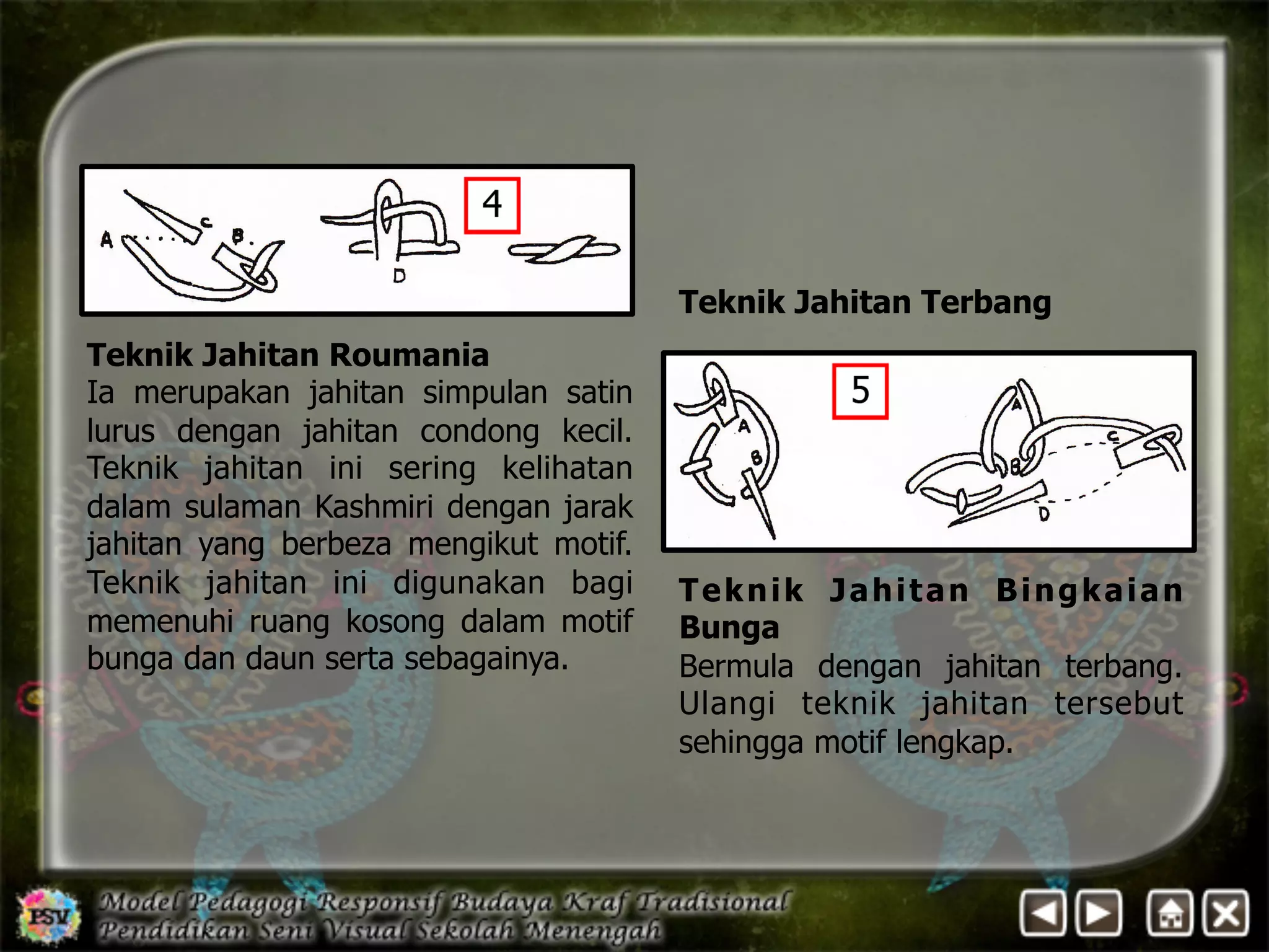 Teknik Jahitan Bingkaian 
Bunga 
Bermula dengan jahitan terbang. 
Ulangi teknik jahitan tersebut 
sehingga motif lengkap. 
Teknik Jahitan Roumania 
Ia merupakan jahitan simpulan satin 
lurus dengan jahitan condong kecil. 
Teknik jahitan ini sering kelihatan 
dalam sulaman Kashmiri dengan jarak 
jahitan yang berbeza mengikut motif. 
Teknik jahitan ini digunakan bagi 
memenuhi ruang kosong dalam motif 
bunga dan daun serta sebagainya. 
Teknik Jahitan Terbang 
 