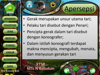 Sri Kuncoro SP
PENGERTIAN
JENIS
BENTUK
APERSEPSI
FUNGSI
UNSUR
GLOSARIUM
DATA
Apersepsi
• Gerak merupakan unsur utama tari;
• Pelaku tari disebut dengan Penari;
• Pencipta gerak dalam tari disebut
dengan koreografer;
• Dalam istilah koreografi terdapat
makna mencipta, mengubah, menata,
dan menyusun gerakan tari
 