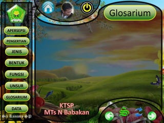 Sri Kuncoro SP
PENGERTIAN
JENIS
BENTUK
APERSEPSI
FUNGSI
UNSUR
GLOSARIUM
DATA
Glosarium
 