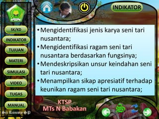 Sri Kuncoro SP
INDIKATOR
TUJUAN
MATERI
SK/KD
SIMULASI
VIDEO
TUGAS
MANUAL
Sri Kuncoro SP
INDIKATOR
•Mengidentifikasi jenis karya seni tari
nusantara;
•Mengidentifikasi ragam seni tari
nusantara berdasarkan fungsinya;
•Mendeskripsikan unsur keindahan seni
tari nusantara;
•Menampilkan sikap apresiatif terhadap
keunikan ragam seni tari nusantara;
 