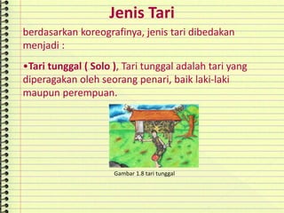 Gambar 1.8 tari tunggal
Jenis Tari
berdasarkan koreografinya, jenis tari dibedakan
menjadi :
•Tari tunggal ( Solo ), Tari tunggal adalah tari yang
diperagakan oleh seorang penari, baik laki-laki
maupun perempuan.
 