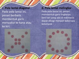 c. Pola lantai diagonal :
Pada pola lantai ini,
penari berbaris
membentuk garis
menyudut ke kana atau
ke kiri.
d. Pola lantai melingkar :
Pada pola lantai ini, penari
membentuk garis lingkaran.
Seni tari yang ada di Indonesia
dapat dibagi menjadi beberapa
kelompok :
 