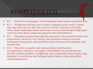  KI 1 : Menerima, menanggapi, dan menghargai ajaran agama yang dianutnya
 KI 2 : Menghargai perilaku jujur, disiplin, tanggung jawab, peduli, santun,
rasa ingin tahu, percaya diri, dan motivasi internal, toleransi, pola hidup
sehat, ramah lingkungan dalam berinteraksi secara efektif dengan lingkungan
sosial dan alam dalam jangkauan pergaulan dan keberadaannya
 KI 3 : Memahami pengetahuan faktual, konseptual, dan prosedural dalam ilm
pengetahuan, teknologi, seni, budaya, dan humaniora dengan wawasan
kebangsaan, kenegaraan, dan peradaban terkait fenomena dan kejadian yang
tampak mata
 KI 4 : Mencoba, mengolah, dan menyaji dalam ranah konkret
(menggunakan, mengurai, merangkai, memodifikasi dan membuat) dan
abstrak (menulis,membaca, menghitung, dan mengarang) sesuai dengan yang
dipelajari di sekolah dan dari berbagai sumber lainnya yang sama dalam
sudut pandang/teori
 