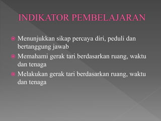  Menunjukkan sikap percaya diri, peduli dan
bertanggung jawab
 Memahami gerak tari berdasarkan ruang, waktu
dan tenaga
 Melakukan gerak tari berdasarkan ruang, waktu
dan tenaga
 