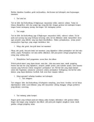 Berikut diuraikan keunikan gerak tari,keunikan, dan kostum tari kelompok atau berpasangan
nusantara.
1. Tari umo’ara
Tari ini lahir dan berkembang di lingkunagn masyarakat tolaki, sulawesi selatan. Tarian ini
khusus ditampilkan oleh dua sampai tiga orang laki-laki dengan gerakan tari melompat-lompat,
tangan kanan memegang parang, dan tangan kiri memegang perisai.
1. Tari sangia
Tari ini lahir dan berkembang juga di lingkungan masyarakat tolaki, sulawesi selatan. Tai ini
pada saat seorang raja yang berkuasa terserang sakit, tari ini dilakukan untuk menyembah dewa
agar penyakit yang diderita sang raja dapat disembuhkan. Dalam pertujukannya, semua penari
menyanyikan lagu-lagu yang sangat memilukan hati.
1. Sikap, alur gerak, dan pola lantai tari nusantara
Sikap, alur gerak, dan pola lantai tari nusantara yang digunakan dalam pertunjukan tari dari suku
nabire, papua. Pertunjukan tari suku nabire dilakukan oleh para petani sebagai pengobatan bagi
orang yang sedang sakit.
1. Menjelaskan hasil pengamatan secara lisan dan tulisan
Pokok-pokok materi yang dapat dicatat, atara lain : data atau nama taian, musik pengiring,
busana dan tata rias yang digunakan, properti, jumlah penari, jenis kelamin penari, serta suasana-
suasana yang berkesan selama mengamati pertunjukan tari. Hal-hal lain yang dapat diamati
antara lain bagaimana antusiasme penonyon selama pertunjukan berlangsung dan hal-hal unika
lainnya yang dapat dijelaskan kembali, baik secar lisan maupun tuliisan.
1. Sikap apresiatif terhadap kaunikan tari kelompok
1. Tari sisingaan
Tari sisingaan lahir dan berkembang di kabupaten sumedang, jawa barat. Awalnya tari ini hanya
dipertunjukan untuk acara khitanan yang oleh masyarakat subang dianggap sebagai periistiwa
peng-islaman seseorang.
1. Tari mainang pulau kampai
Ragam gerak yang terdapat pada tari minang pulau kampai, didominasi oleh gerakan olahan
lengan dan tangan yang mengalun dan diikuti oleh pola-pola langkah mengikuti irama musik
gambus sebagai pengiring tarian.
 