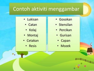 Contoh aktiviti menggambar
• Lukisan
• Catan
• Kolaj
• Montaj
• Cetakan
• Resis

• Gosokan
• Stensilan
• Percikan
• Gurisan
• Capan
• Mozek

 
