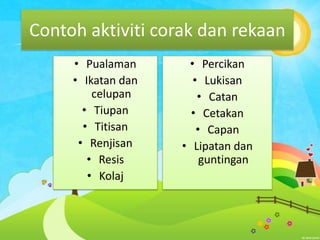 Contoh aktiviti corak dan rekaan
• Pualaman
• Ikatan dan
celupan
• Tiupan
• Titisan
• Renjisan
• Resis
• Kolaj

• Percikan
• Lukisan
• Catan
• Cetakan
• Capan
• Lipatan dan
guntingan

 
