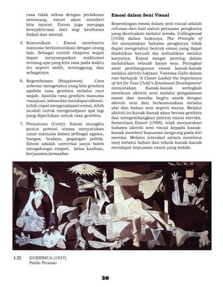 rasa tidak selesa dengan perlakuan     Emosi dalam Seni Visual
          seseorang, emosi akan memberi
          kita isyarat. Emosi juga menjaga       Kepentingan emosi dalam seni visual adalah
          kesejahteraan dari segi kesihatan      cetusan dari hati naluri perasaan pengkarya
          fizikal dan mental.                    yang dicetuskan melalui minda. Collingwood
                                                 (1958) dalam bukunya The Principle of
    5.	 Komunikasi : Emosi membantu              Art menyatakan bahawa pengkarya tidak
        manusia berkomunikasi dengan orang       dapat mengetahui bentuk emosi yang dapat
        lain. Sebagai contoh ekspresi wajah      dilahirkan kecuali dia meluahkan melalui
        dapat    menyampaikan       maklumat     karyanya. Emosi sangat penting dalam
        tentang apa yang kita rasa pada waktu    melahirkan sebuah karya seni. Peringkat
        itu seperti sedih, tersinggung, dan      awal pembangunan emosi kanak-kanak
        sebagainya                               melalui aktiviti lukisan. Vanessa Gallo dalam
                                                 esei bertajuk ‘A Closer Lookat the Importance
    6.	 Kegembiraan (Happiness):          Cara
                                                 of Art for Your Child’s Emotional Development’
        sebenar mengetahui yang kita gembira
                                                 menyatakan         Kanak-kanak       seringkali
        apabila rasa gembira melalui raut
                                                 membuat aktiviti seni melalui pengalaman
        wajah. Apabila rasa gembira manusia
                                                 emosi dan mereka begitu asyek dengan
        rasa puas, selesa dan mendapat nikmat.
                                                 aktiviti seni dan berkomunikasi melalui
        Lebih cepat mengenalpasti emosi, lebih
                                                 alat dan bahan seni seperti warna. Melalui
        mudah untuk mengenalpasti apa lagi
                                                 aktiviti ini kanak-kanak akan berasa gembira
        yang diperlukan untuk rasa gembira.
                                                 dan mengembangkan potensi emosi mereka.
    7.	 Penyatuan (Unity): Emosi mungkin         Sementara Eisner (1998), telah menyatakan
        punca potensi utama menyatukan           bahawa aktiviti seni visual kepada kanak-
        umat manusia dalam pelbagai agama,       kanak memberi kepuasan langsung pada diri
        bangsa, budaya, pegangan politik.        mereka. Melalui interaksi antara membina
        Emosi adalah universal ianya boleh       imej melalui bahan dan teknik kanak-kanak
        mengahargai empati, belas kasihan,       mendapat kepuasan emosi yang hakiki.
        kerjasama,kemaafan.




1.22. 	    GUERNICA (1937)
	          Pablo Picasso


                                            20
 