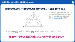 © KLab Inc.
教師データがあれば写像(a*, u*)を学習できるかも？
機械学習とかでいい感じに自動設計できないの？
33
状態空間Sから行動空間A×効用空間Uへの写像※
を作る
※ a*やu*が通常の意味での写像とな
るのは最適化問題が良設定な場合に
限り，一般には集合値写像になる．
詳しくは[Khan+ 2015]を参照．
 