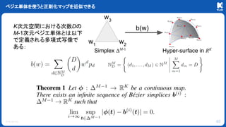 © KLab Inc.
ベジエ単体を使うと正則化マップを近似できる
40
Simplex ΔM-1
b(w)
Hyper-surface in RK
w2
w1
w3
K次元空間における次数Dの
M-1次元ベジエ単体とは以下
で定義される多項式写像で
ある：
 