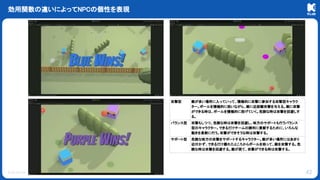 © KLab Inc.
効用関数の違いによってNPCの個性を表現
42
攻撃型 敵が多い場所に入っていって、積極的に攻撃に参加する攻撃型キャラク
ター。ボールを積極的に拾いながら、敵に近距離攻撃を与える。敵に攻撃
ができる時は、ボールを積極的に投げていく。危険な時は攻撃を回避しす
る。
バランス型 攻撃もしつつ、危険な時は攻撃を回避し、味方のサポートも行うバランス
型のキャラクター。できるだけチームの勝利に貢献するために、いろんな
動きを柔軟に行う。攻撃ができそうな時は攻撃する。
サポート型 危険な味方の攻撃をサポートするキャラクター。敵が多い場所にはあまり
近付かず、できるだけ離れたところからボールを拾って、敵を攻撃する。危
険な時は攻撃を回避する。敵が居て、攻撃ができる時は攻撃する。
 