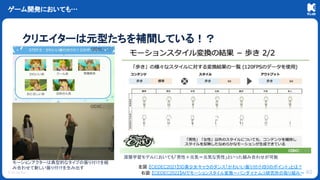 © KLab Inc.
ゲーム開発においても…
45
クリエイターは元型たちを補間している！？
左図：【CEDEC2021】3D美少女キャラのダンス「かわいい振り付けの
10のポイント」とは？
右図：【CEDEC2022】AIでモーションスタイル変換〜バンダイナムコ研究所の取り組み〜
モーションアクターは典型的なタイプの振り付けを組
み合わせて新しい振り付けを生み出す
深層学習モデルにおいても「男性＋元気＝元気な男性」といった組み合わせが可能
 