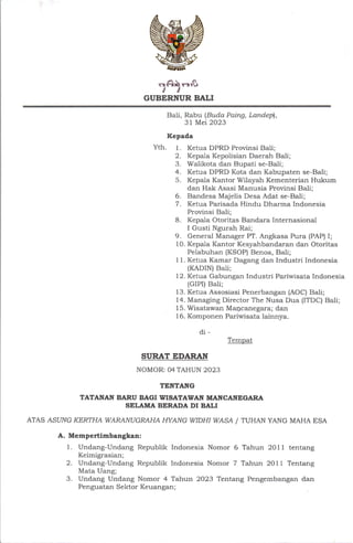 SE NO 04 TAHUN 2023 TENTANG TATANAN BARU BAGI WISATAWAN MANCANEGARA SELAMA BERADA DI BALI.pdf