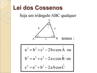 Lei dos Cossenos
Seja um triângulo ABC qualquer
temos :












C
cos
b
a
2
b
a
c
ou
B
cos
c
a
2
c
a
b
ou
A
cos
c
b
2
c
b
a
2
2
2
2
2
2
2
2
2
) (
^
A
^
C
^
B
A B
C
a
c
b
 