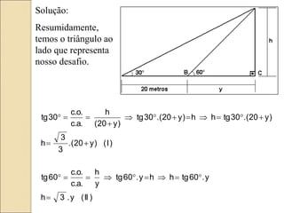 Solução:
Resumidamente,
temos o triângulo ao
lado que representa
nosso desafio.
)
II
(
y
.
3
h
y
.
60
tg
h
h
y
.
60
tg
y
h
.
a
.
c
.
o
.
c
60
tg
)
I
(
)
y
20
(
.
3
3
h
)
y
20
(
.
30
tg
h
h
)
y
20
(
.
30
tg
)
y
20
(
h
.
a
.
c
.
o
.
c
30
tg
























 