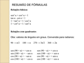 RESUMÃO DE FÓRMULAS
Relações básicas
sen2 α + cos2 α = 1
tan α . cot α = 1
1 + tan2 α = 1 / cos2 α
1 + cot2 α = 1 / sen2 α
Relações com quadrantes
Obs: valores de ângulos em graus. Conversão para radianos:
90 → π/2 180 → π 270 → 3π/2 360 → 2π
sen (90 + α) = + cos α sen (90 − α) = + cos α
sen (180 + α) = − sen α sen (180 − α) = + sen α
cos (90 + α) = − sen α cos (90 − α) = + sen α
cos (180 + α) = − cos α cos (180 − α) = − cos α
 