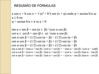 a sen x + b cos x = √ (a2 + b2) sen (x + φ) onde φ = arctan b/a se
a ≥ 0 ou
φ = arctan b/a ± π se a < 0
tan α ± tan β = sen (α ± β) / (cos α cos β)
cot α ± cot β = sen (β ± α) / (sen α sen β)
sen α sen β = (1/2) cos (α − β) − (1/2) cos (α + β)
sen α cos β = (1/2) sen (α + β) + (1/2) sen (α − β)
cos α cos β = (1/2) cos (α + β) + (1/2) cos (α − β)
tan α tan β = (tan α + tan β) / (cot α + cot β) = − (tan α − tan β) / (cot α − cotβ)
cot α cot β = (cot α + cot β) / (tan α + tan β) = − (cot α − cot β) /(tan α − tan β)
cot α tan β = (cot α + tan β) / (tan α + cot β) = − (cot α − tan β) /(tan α − cot β)
RESUMÃO DE FÓRMULAS
 