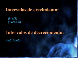  (0,π/2)=(0º, 90º)
 II(π/2, π)=(90º, 180º)
 III(π, 3 π/2)=(180º, 270º)
 IV(3 π/2, 2 π)=(270º, 360º)
Periodo:
(0, 2 π)
 