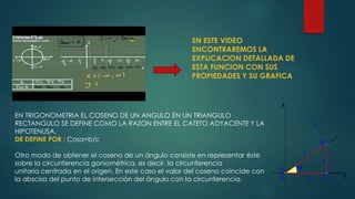 EN ESTE VIDEO
ENCONTRAREMOS LA
EXPLICACION DETALLADA DE
ESTA FUNCION CON SUS
PROPIEDADES Y SU GRAFICA
EN TRIGONOMETRIA EL COSENO DE UN ANGULO EN UN TRIANGULO
RECTANGULO SE DEFINE COMO LA RAZON ENTRE EL CATETO ADYACENTE Y LA
HIPOTENUSA.
DE DEFINE POR : Cosa=b/c
Otro modo de obtener el coseno de un ángulo consiste en representar éste
sobre la circunferencia goniométrica, es decir, la circunferencia
unitaria centrada en el origen. En este caso el valor del coseno coincide con
la abscisa del punto de intersección del ángulo con la circunferencia.
 