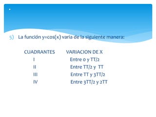 5) La función y=cos(x) varia de la siguiente manera:
CUADRANTES VARIACION DE X
I Entre 0 y TT/2
II Entre TT/2 y TT
III Entre TT y 3TT/2
IV Entre 3TT/2 y 2TT
.
 