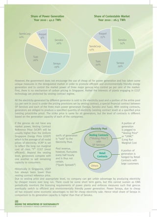Share of Power Generation                               Share of Contestable Market
                     Year 2010 : 41.2 TWh                                     Year 2010 : 26.5 TWh



      SembCorp              Keppel                                             Keppel
      10%                    9%                                                 15%
                                                Senoko                                          Senoko
                                                 26%                                             24%
                                                                       SembCorp
                                                                       12%

                     Tuas
                     26%                                                    Tuas
                                              Seraya                                          Seraya
                                                                            20%
                                               29%                                             29%




However, the government does not encourage the use of cheap oil for power generation and has taken some
unique measures in the deregulated market in order to promote efficient and environmentally friendly energy
generation and to control the market power of three major gencos who control 90 per cent of the market.
First, there is no mechanism of carbon pricing in Singapore. Rather the interests of plants engaging in CCGT
technology are protected by vesting contract regime.

All the electricity generated by different generator is sold to the electricity pool and a portion of the entire pool
(55 per cent in 2011) is under the pricing provisions set by vesting contract, a special financial contract between
SP Services and each of the three main power generators (Seraya, Senoko and Tuas). With vesting contracts,
generators are obliged to produce a specified quantity of electricity (vesting contract level) at a specified price
(vesting price/strike price). The strike price is same for all generators, but the level of contracts is different
based on the generation capacity of each of the companies.

If the gencos do not have any                                                                      A portion of
market power, Vesting Contract                                                                     generation
Reference Price (VCRP) will be                                          Electricity Pool           is pegged to
usually higher than the Uniform                                                                    “Vesting Price”
Singapore Energy Price (USEP)                    100% of generation    Vesting Contracts           or “LRMC”
which is the average of all nodal                is “sold” to the      (“Vesting Price”)           (Long Run
prices of electricity. VCRP is set               Electricity Pool.           with                  Marginal Cost
to reflect the long run marginal                                          SP Services
cost of class “F” CCGT (most                     Pool revenue,
                                                 however, fluctuates                               A portion of
efficient). Beyond the vesting                                                 Retail              generation is
level, generators compete with                   every half hourly            Contracts
                                                 and is thus not                                   hedged by Retail
one another to sell remaining                                                                      Contracts with
capacity to consumers.                           certain. 	
                                                 (“Spark Spreads”)                                 large customers
                                                                  Others
Historically in Singapore, USEP
has always been lower than
vesting contract reference price.
Due to vesting price and appropriate level, no company can get unfair advantage by producing electricity
by cheaper means over long run. There could be some short term gains, but this cannot sustain as EMA
periodically monitors the licensing requirements of power plants and enforces measures such that gencos
eventually switch to efficient and environmentally friendly power generation. Power Seraya, due to cheap
oil has enjoyed some economic advantages to bid for cheap electricity sale. Hence retail share of Seraya in
comparison to its generation capacity is higher than that of Senoko.

088
RIDING THE MEGATREND OF SUSTAINABILITY
SINGAPORE SUSTAINABILITY AWARDS COMMEMORATIVE BOOK
 