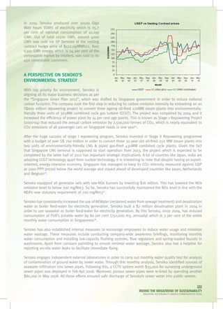 In 2010, Senoko produced over 10500 Giga
Watt hours (GWh) of electricity which is 25.7
per cent of national consumption of 41,199
GWh. Out of total 10500 GWh, around 4200
GWh was sold via SP Services at the vesting
contract hedge price of $172.29/MWh22. Rest
6300 GWh energy, which is 24 per cent of the
contestable market by retailers, was sold to its
450 contestable customers.


A PERSPECTIVE ON SENOKO’S
ENVIRONMENTAL STRATEGY

With top priority for environment, Senoko is
aligning all its major business decisions as per
the “Singapore Green Plan 2012”, which was drafted by Singapore government in order to reduce national
carbon footprint. The company took the first step in reducing its carbon emission intensity by embarking on an
S$600 million repowering project to convert three ageing oil-fired 120MW steam plants into environmentally-
friendly three units of 365MW combined cycle gas turbine (CCGT). The project was completed by 2004 and it
increased the efficiency of power plant by 14 per cent age points. This is known as Stage 1 Repowering Project
(2000-04) that reduced the annual carbon emission by 2,500,000 tonnes of CO2, which is nearly equivalent to
CO2 emissions of all passenger cars on Singapore roads in one year25.

After the huge success of stage I repowering program, Senoko invested in Stage II Repowering programme
with a budget of over S$ 760 million in order to convert three 30 year old oil-fired 250 MW steam plants into
two units of environmentally-friendly LNG & piped gas-fired 430MW combined cycle plants. Given the fact
that Singapore LNG terminal is supposed to start operation from 2013, the project which is expected to be
completed by the latter half of 2012 has important strategic implications. A lot of counties like Japan, India are
adopting CCGT technology apart from nuclear technology. It is interesting to note that despite having an export-
oriented, energy-intensive economy, Singapore has managed to keep its CO2 intensity measured against GDP
at 2000 PPP prices) below the world average and stayed ahead of developed countries like Japan, Netherlands
and Belgium26.

Senoko equipped all generator sets with low-NOx burners by investing $16 million. This has lowered the NOx
emission level to below 200 mg/Nm3. So far, Senoko has successfully maintained the NOx level in line with the
NEA’s new statutory requirement of 700 mg/Nm327.

Senoko has consistently increased the use of NEWater (reclaimed water from sewage treatment) and desalination
water as boiler feed-water for electricity generation. Senoko built a $7 million desalination plant in 2004 in
order to use seawater as boiler feed-water for electricity generation. By this Senoko, since 2004, has reduced
consumption of PUB’s potable water by 80 per cent (750,000 m3, annually) which is 3 per cent of the entire
monthly water consumption in Singaporexx28.

Senoko has also established internal measures to encourage employees to reduce water usage and minimize
water wastage. These measures include conducting company-wide awareness briefings, monitoring monthly
water consumption and installing low-capacity flushing systems, flow regulators and spring-loaded faucets in
washrooms. Apart from constant patrolling to ensure minimal water wastage, Senoko also has a helpline for
reporting on-site water leaks to facilitate immediate fixing.

Senoko engages independent external laboratories in order to carry out monthly water quality test for analysis
of contamination of ground water by sewer water. Through this monthly analysis, Senoko identified sources of
seawater infiltration into sewer pipes. Following this, a CCTV system worth $35,000 for surveying underground
sewer pipes was deployed in Feb-Apr 2008. Moreover, porous sewer pipes were re-lined by spending another
$80,000 in May 2008. All these efforts ensured safe discharge of Senoko’s sewer water into public sewers.

                                                                                                                         089
                                                                         RIDING THE MEGATREND OF SUSTAINABILITY
                                                                            SINGAPORE SUSTAINABILITY AWARDS COMMEMORATIVE BOOK
 