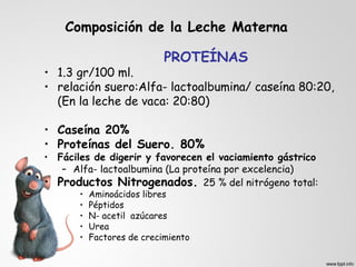 Composición de la Leche Materna 
PROTEÍNAS 
• 1.3 gr/100 ml. 
• relación suero:Alfa- lactoalbumina/ caseína 80:20, 
(En la leche de vaca: 20:80) 
• Caseína 20% 
• Proteínas del Suero. 80% 
• Fáciles de digerir y favorecen el vaciamiento gástrico 
– Alfa- lactoalbumina (La proteína por excelencia) 
• Productos Nitrogenados. 25 % del nitrógeno total: 
• Aminoácidos libres 
• Péptidos 
• N- acetil azúcares 
• Urea 
• Factores de crecimiento 
 