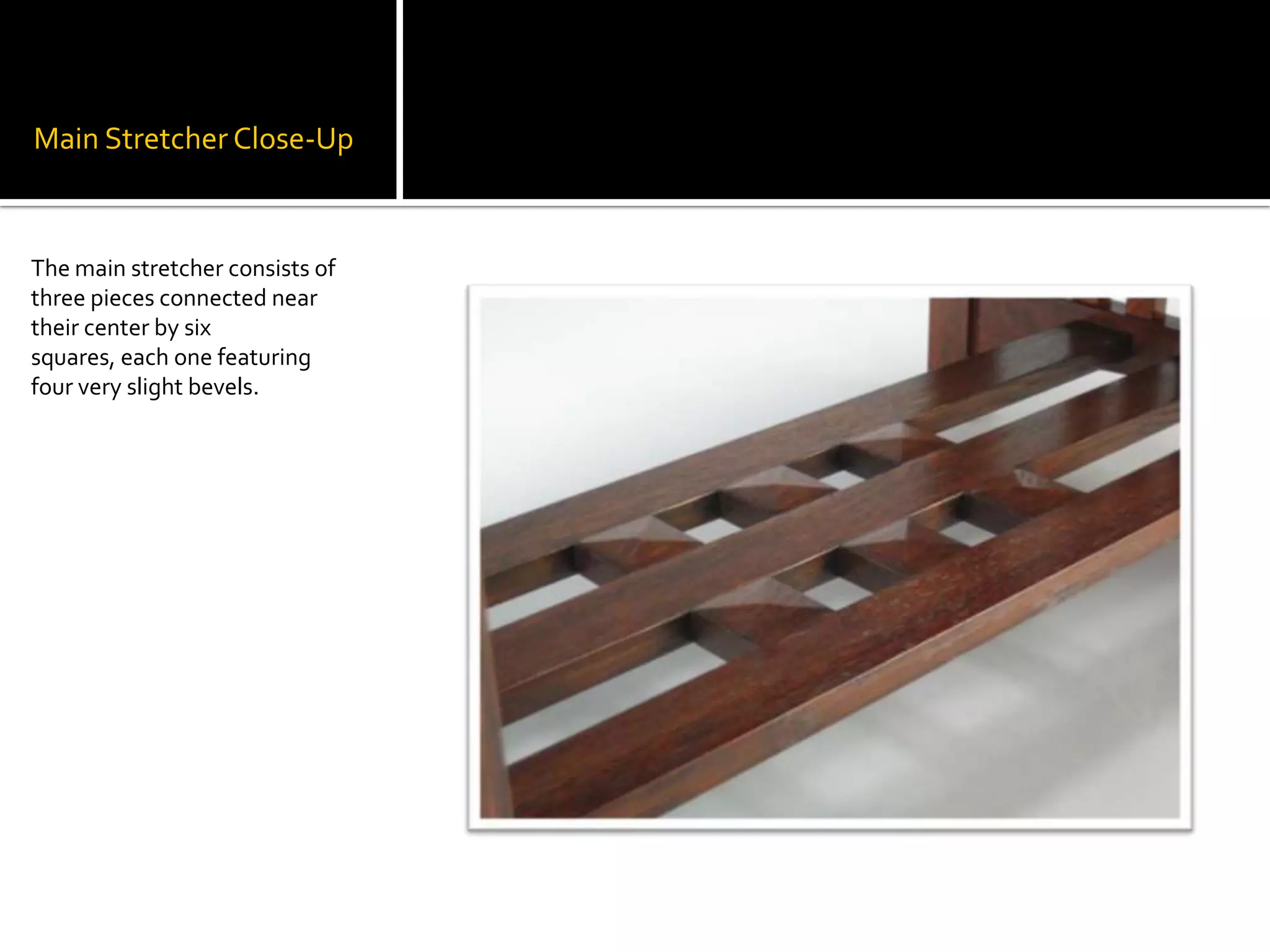 Main Stretcher Close-UpThe main stretcher consists of three pieces connected near their center by six squares, each one featuring four very slight bevels. 