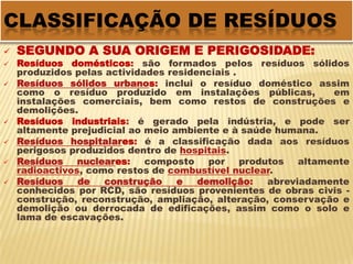Classificação dos resíduos;