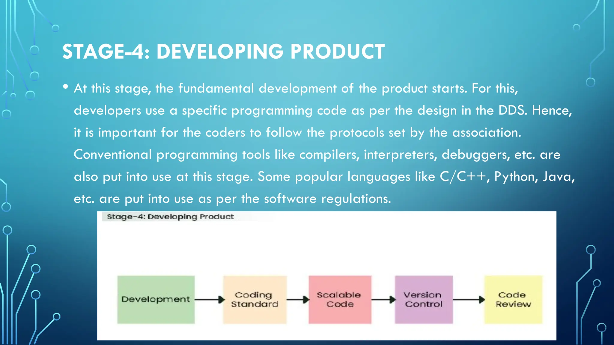 STAGE-4: DEVELOPING PRODUCT
• At this stage, the fundamental development of the product starts. For this,
developers use a specific programming code as per the design in the DDS. Hence,
it is important for the coders to follow the protocols set by the association.
Conventional programming tools like compilers, interpreters, debuggers, etc. are
also put into use at this stage. Some popular languages like C/C++, Python, Java,
etc. are put into use as per the software regulations.
 
